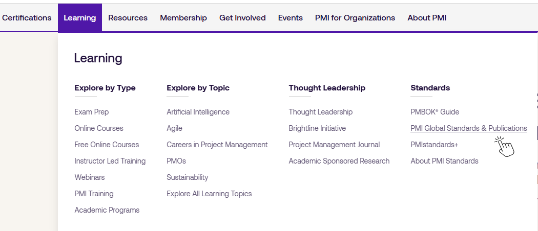 Screen capture of PMI's practice guide link from their site.